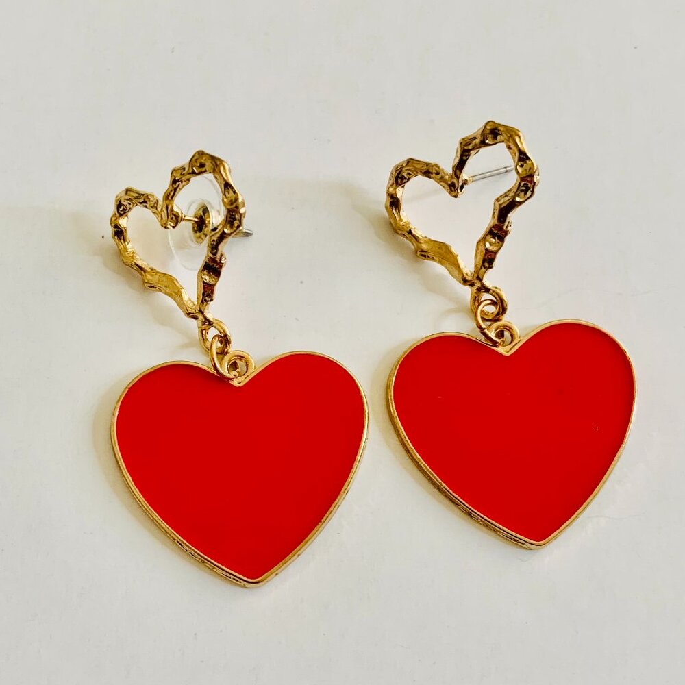 Women's New Red Heart Drop Earrings 14k Gold Plated